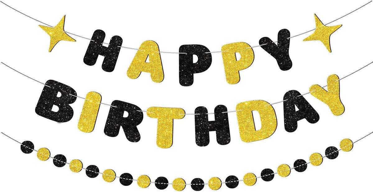 Black and Gold Happy Birthday Banner-Happy Birthday Decorations for Men Women Boys Girls Glitter