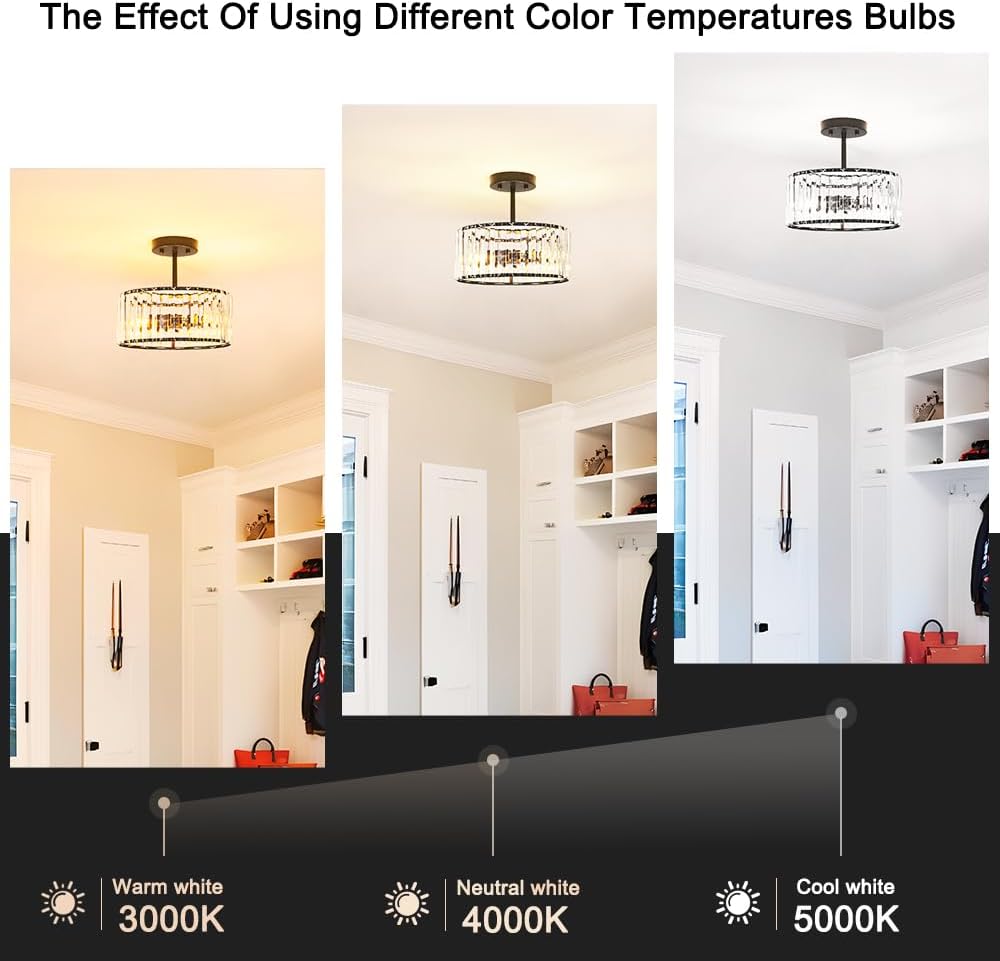 Modern Crystal Ceiling Light, Matte Black Semi Flush Mount Ceiling Lighting Fixture, Hallway Light