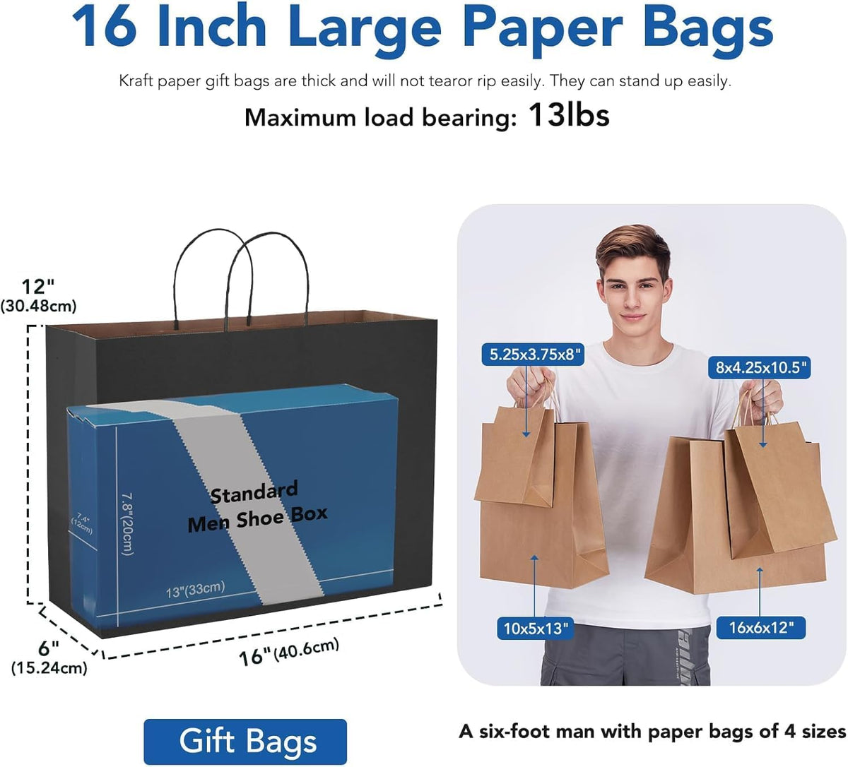 GSSUSA 16x6x12 Inches Large Paper Bags with Handles, 6000 Pack Black Paper Gift Bag, Recyclable