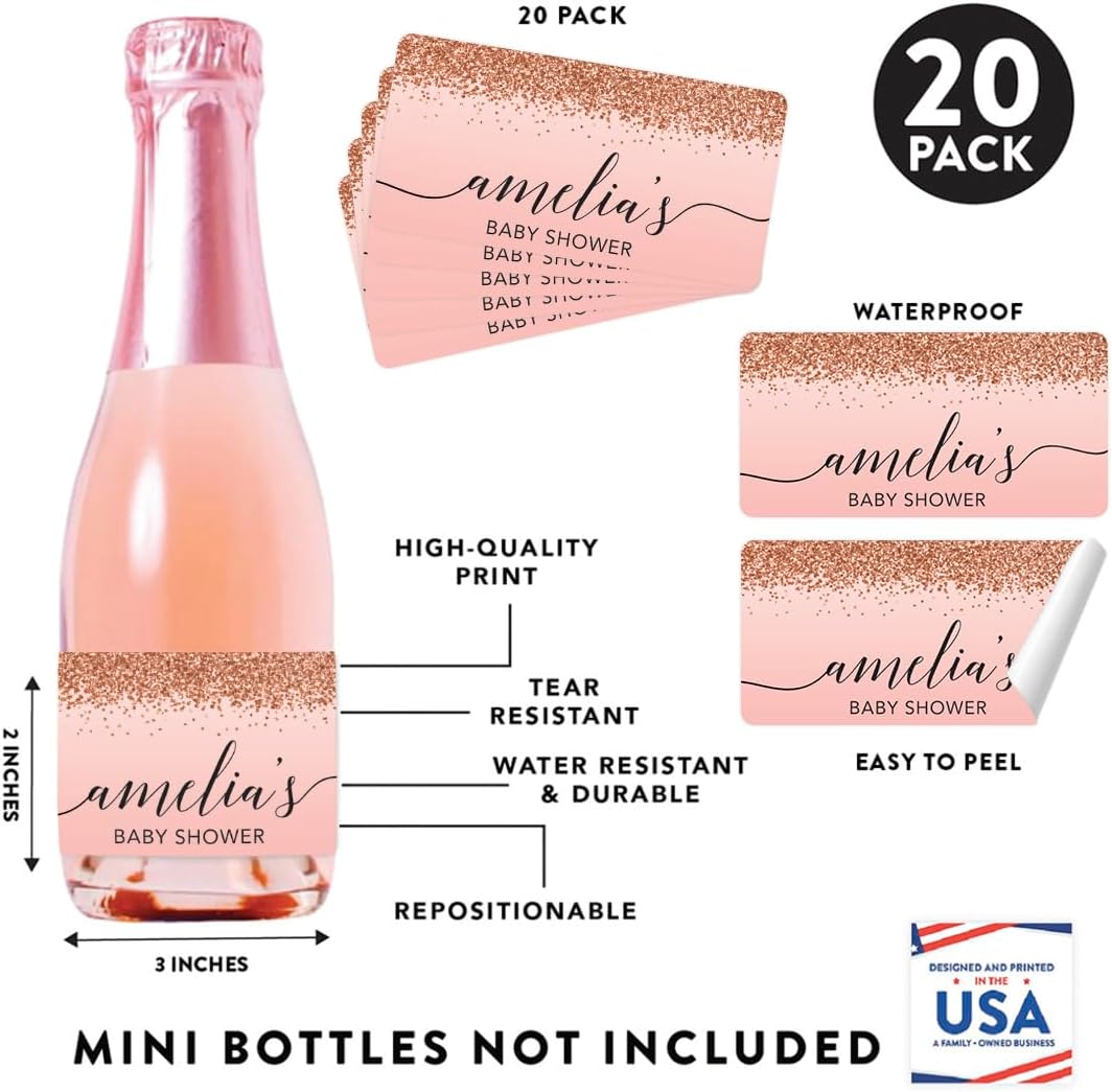 Andaz Press Personalized Mini Champagne Wine Bottle Labels, Amelia's Baby Shower, Blush Pink Faux