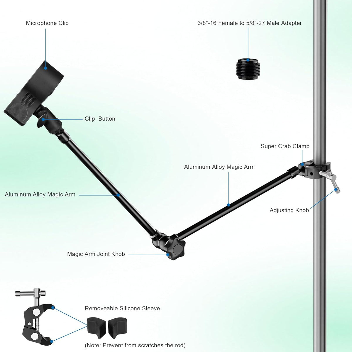 Microphone Stand Holder,21.5" Long Flexible Adjustable Magic Arm Super Crab Clamp Mic Clip 3/8"-16