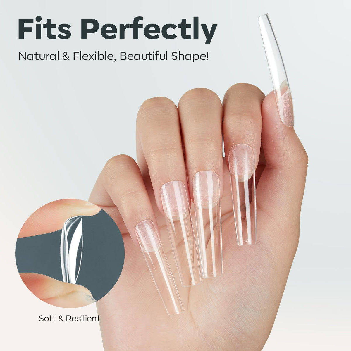 modelones XXL Long Square Nail Tips, Pre-shaped Soft Gel Tips Fake Nails False Acrylic Clear Full