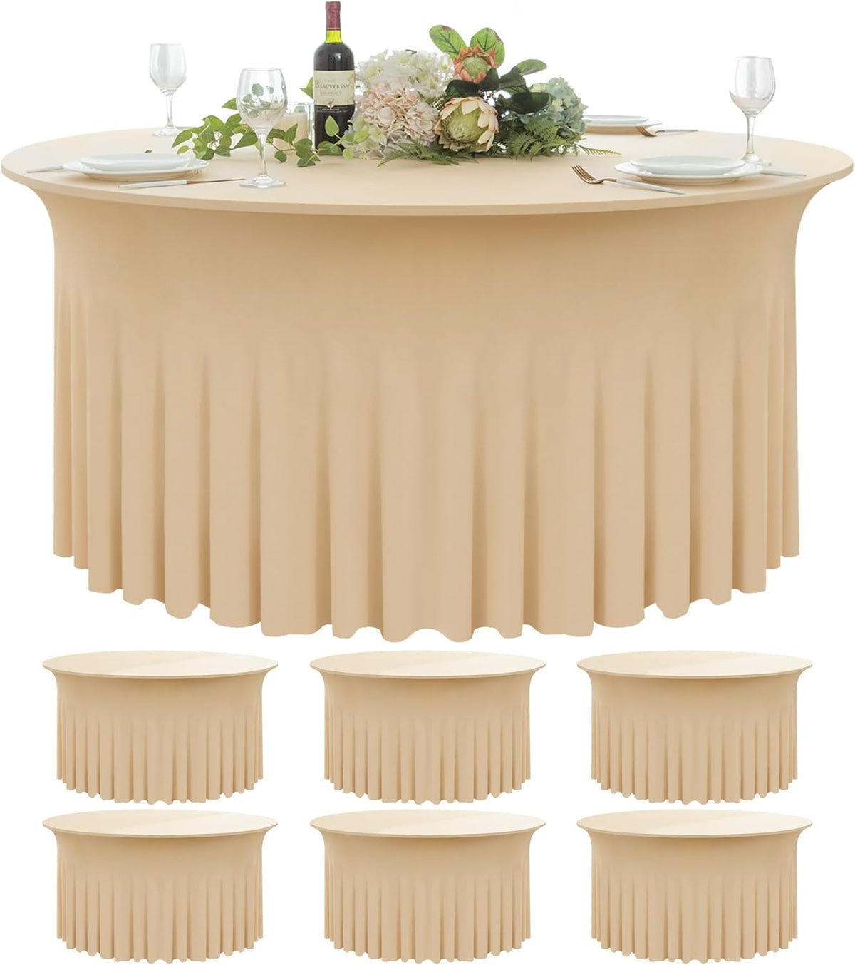 6 Pack Champagne Round Spandex Tablecloth 60 Inch, Wrinkle Free Stretch 120 Inch Fitted 5ft