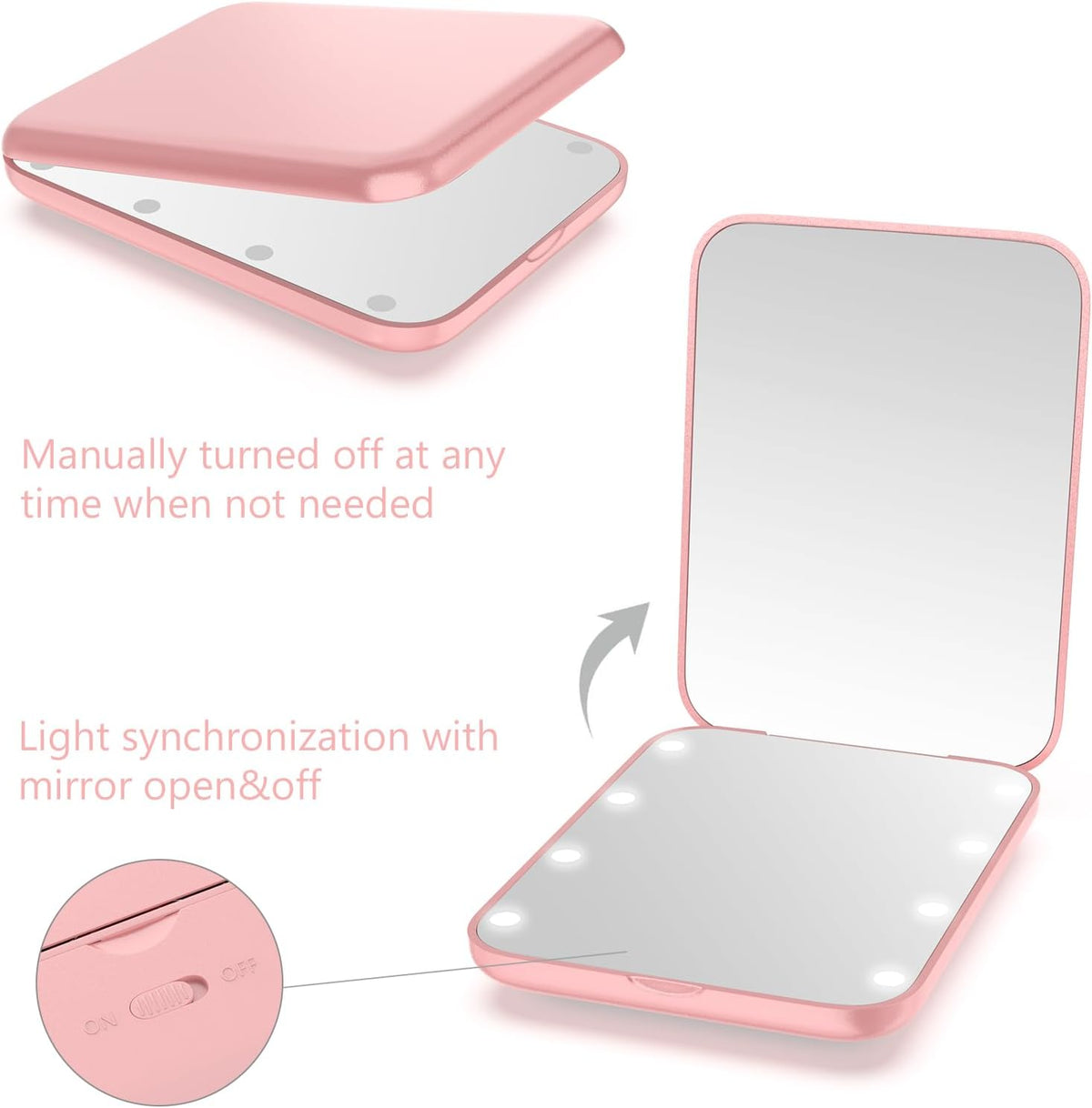 WOBSION Small Mirror with Lights,LED Compact Makeup Mirror,1x/3x Mini Travel Mirror with