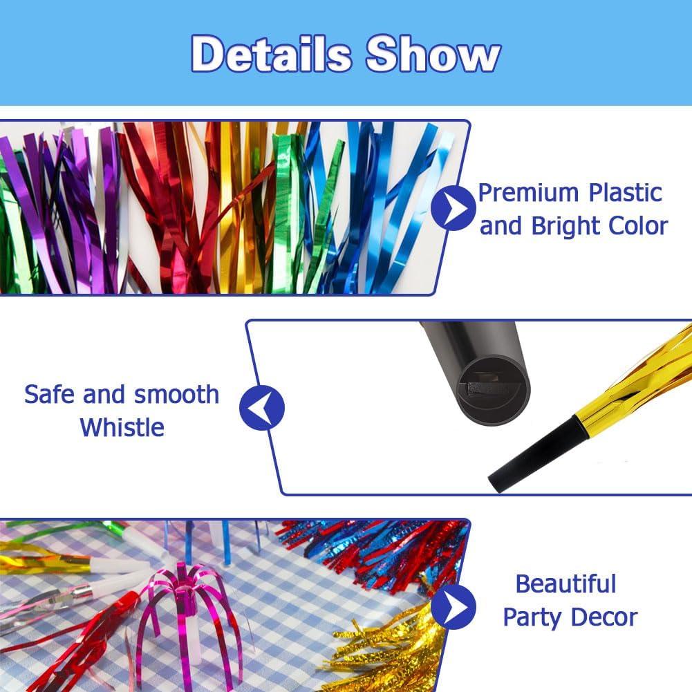 Lovecheer 24/60PCS Glitter Noise Makers Metallic Fringed Party Blowers for Adults Birthday Wedding