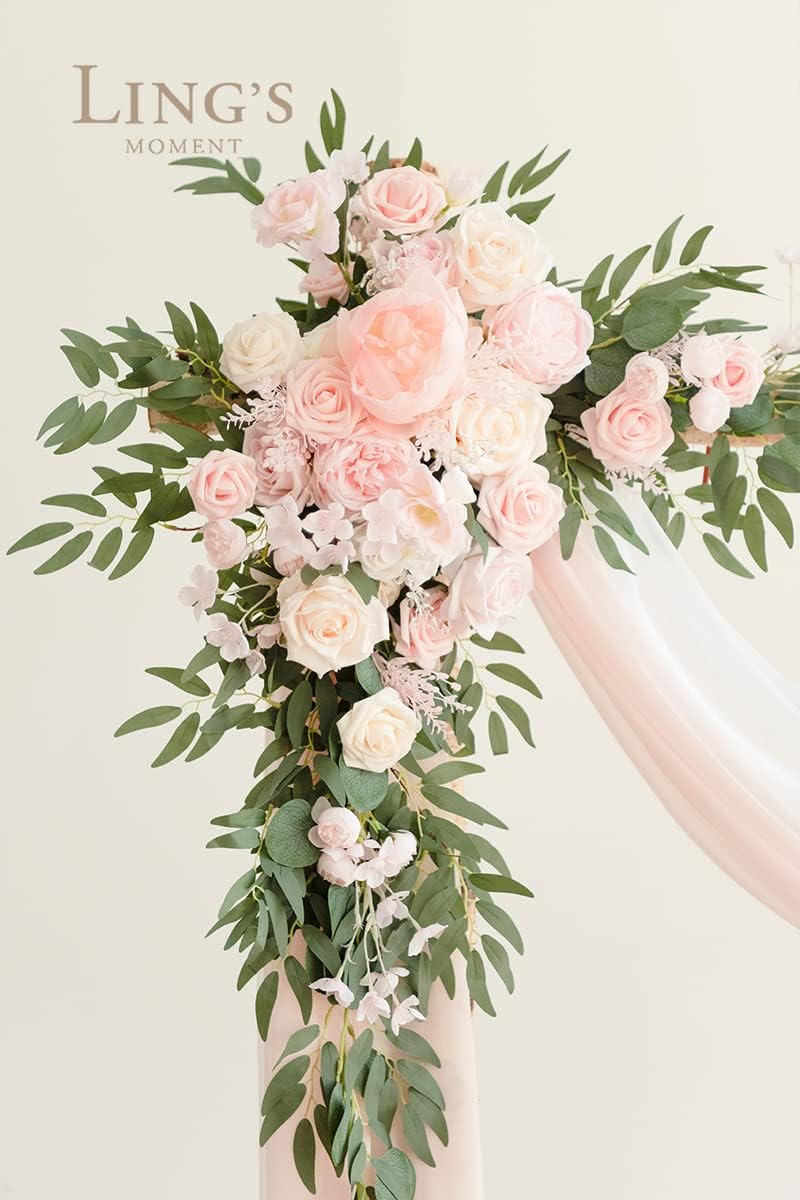 Ling's Moment Pink White Artificial Wedding Arch Flowers Kit Pack of 4, 2pcs Hanging Flower