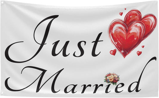 Just Married Flag Banner Outdoor Indoor Decoration Flag 3x5 FT Double Stitched Polyester with Brass