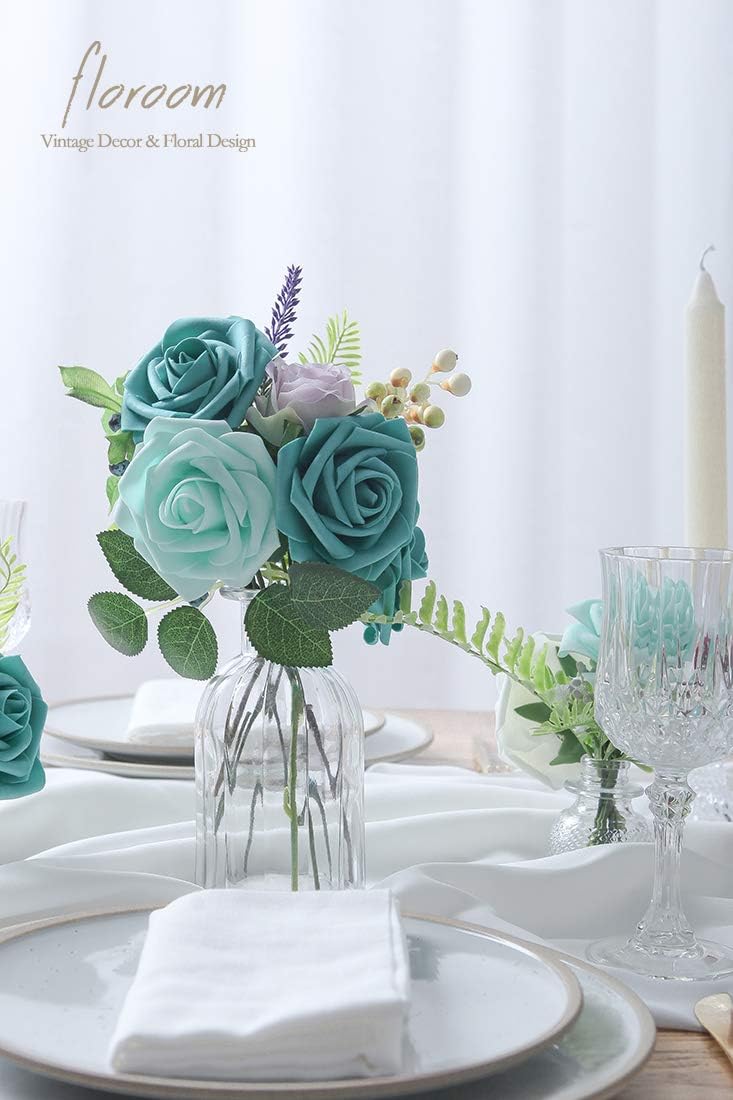 Floroom Artificial Flowers 25pcs Real Looking Teal Green Foam Fake Roses with Stems for DIY Wedding