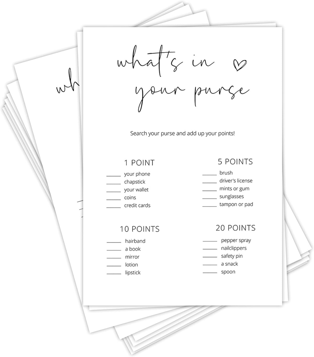 Bridal Shower Games, What's in Your Purse, 25Pcs Minimalist White Double-Sided Bridal Game Cards