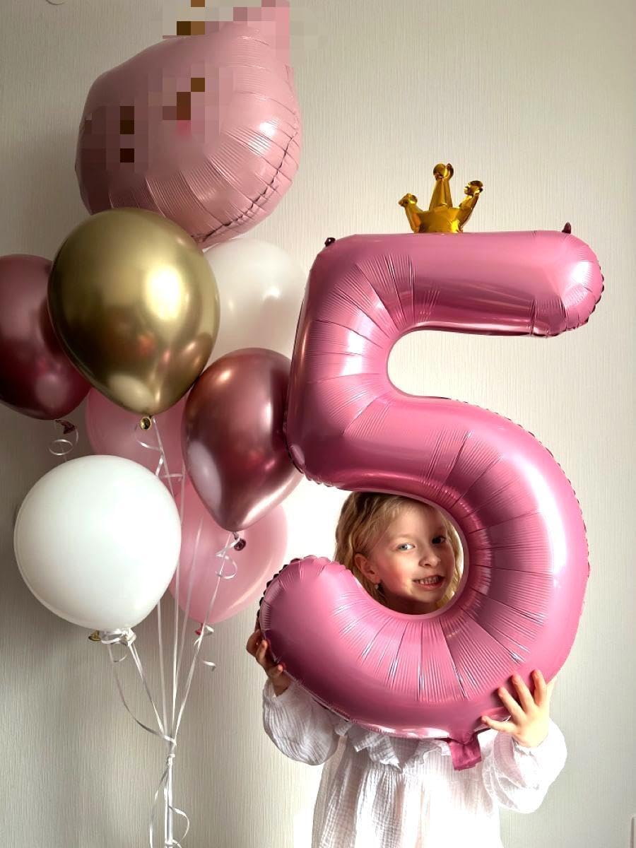 Large Pink Crown 40 Inch Birthday Number 5 Balloon, Pink Crown Five 5th 15 25 35 50 55 Birthday