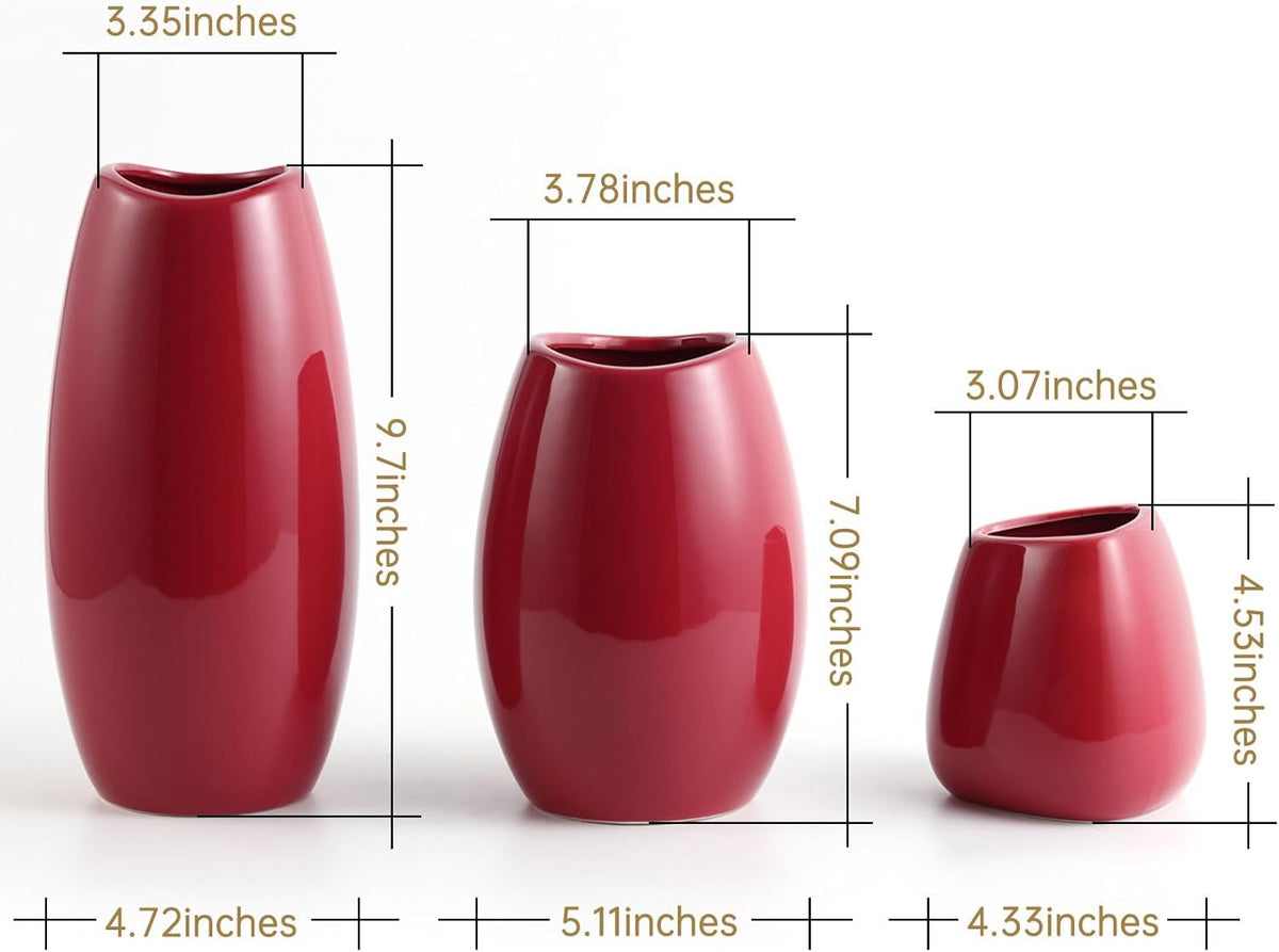 hjn Ceramic Vase Set of 3 Red Flower Vase for Home Decor, Modern Decorative Vase for Flowers Vases