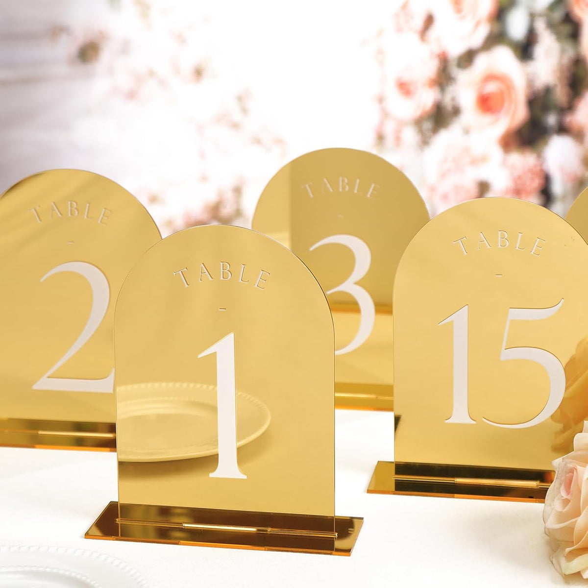 UNIQOOO Gold Mirror Arch Wedding Table Numbers with Stands 1-15, 5x7 Acrylic Display Signs and