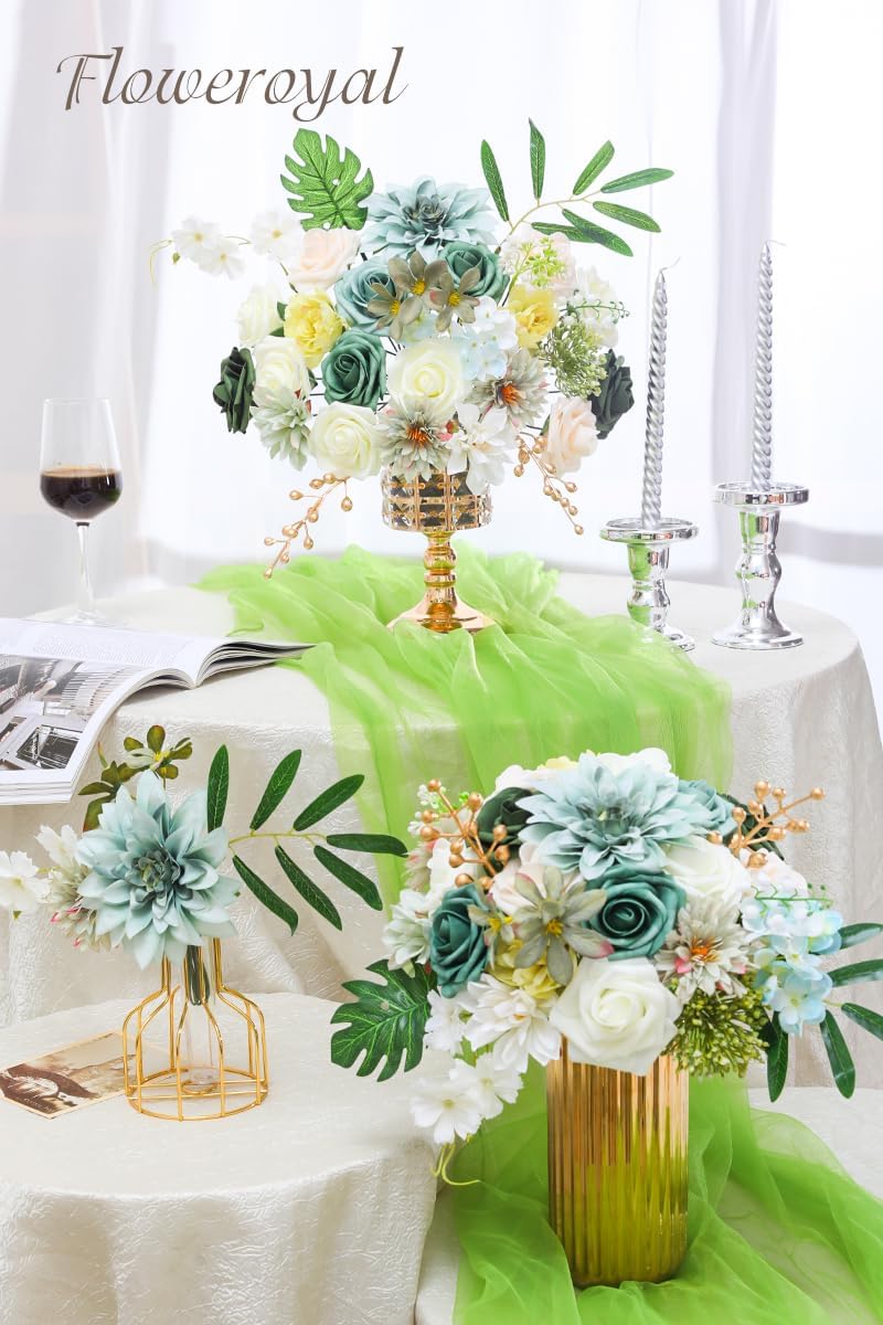 Floweroyal Artificial Flowers Combo Green Flowers Mix Silk Flowers Dahlia Roses with Stems for DIY