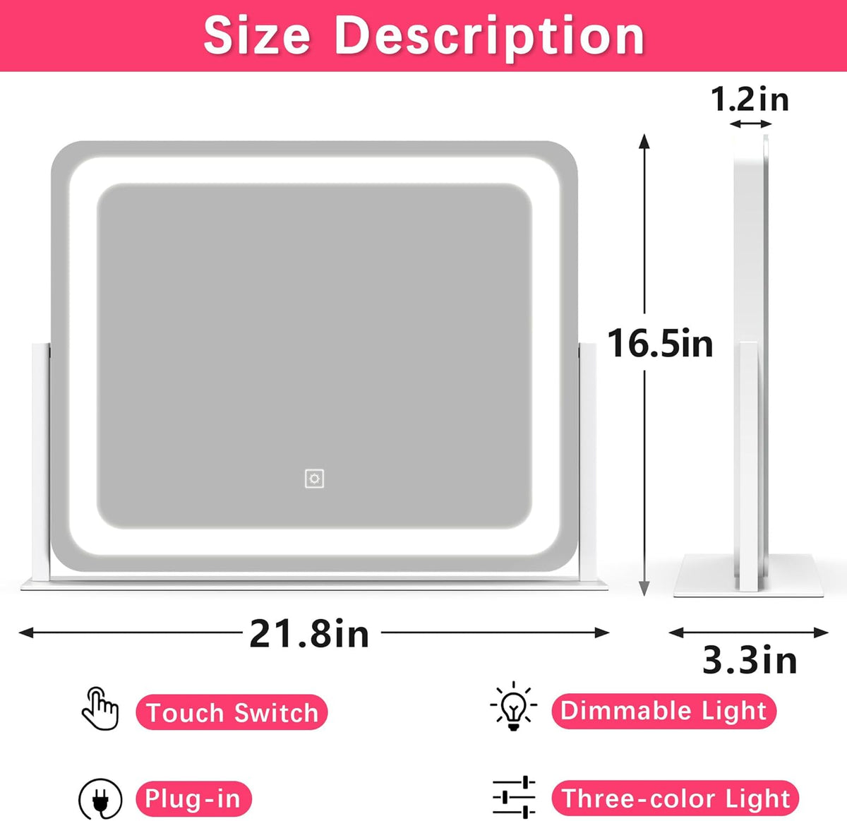 22x17 Inch Lighted Vanity Mirror with Dimmable LED Lights - 3 Color Modes, Smart Touch Control &