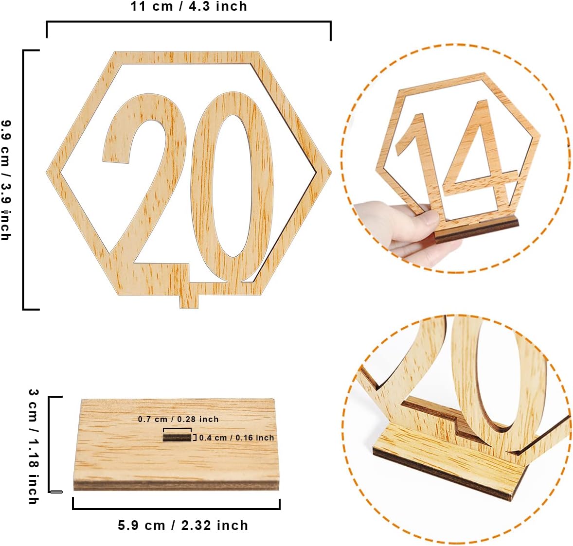 Wooden Table Numbers, Hexagon Shape 1-20 Wedding Table Numbers with Holder Base Rustic Hollow Out