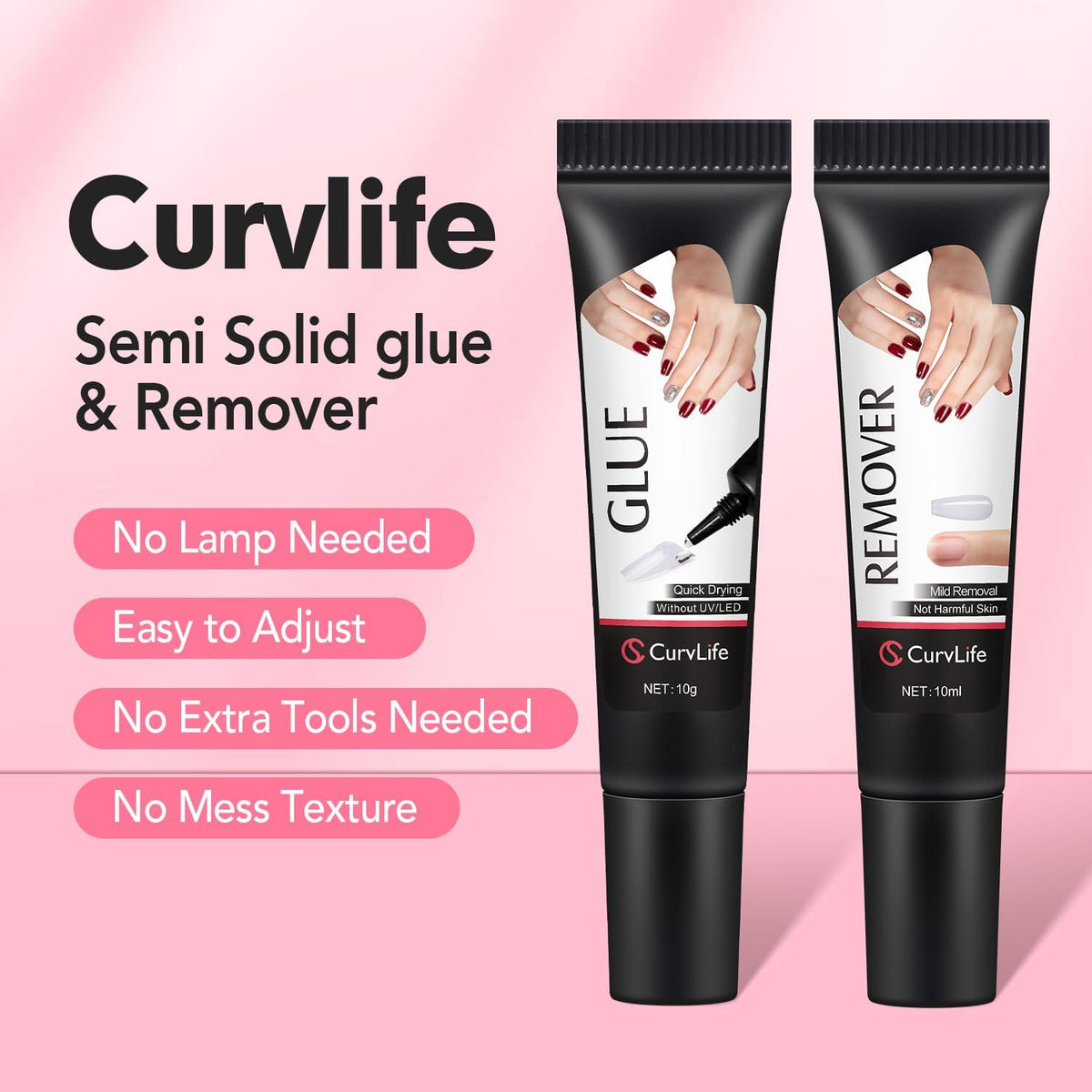 Curvlife Soft Quick Drying 10g Semi Solid Nail Glue with 10ml Remover with Cuticle Pusher Nail Art