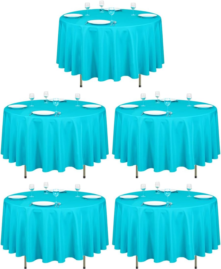 LTC LINENS 5 Pack 90 Inch Round Tablecloth Turquoise - Wrinkle Resistant Table Cloth for Round