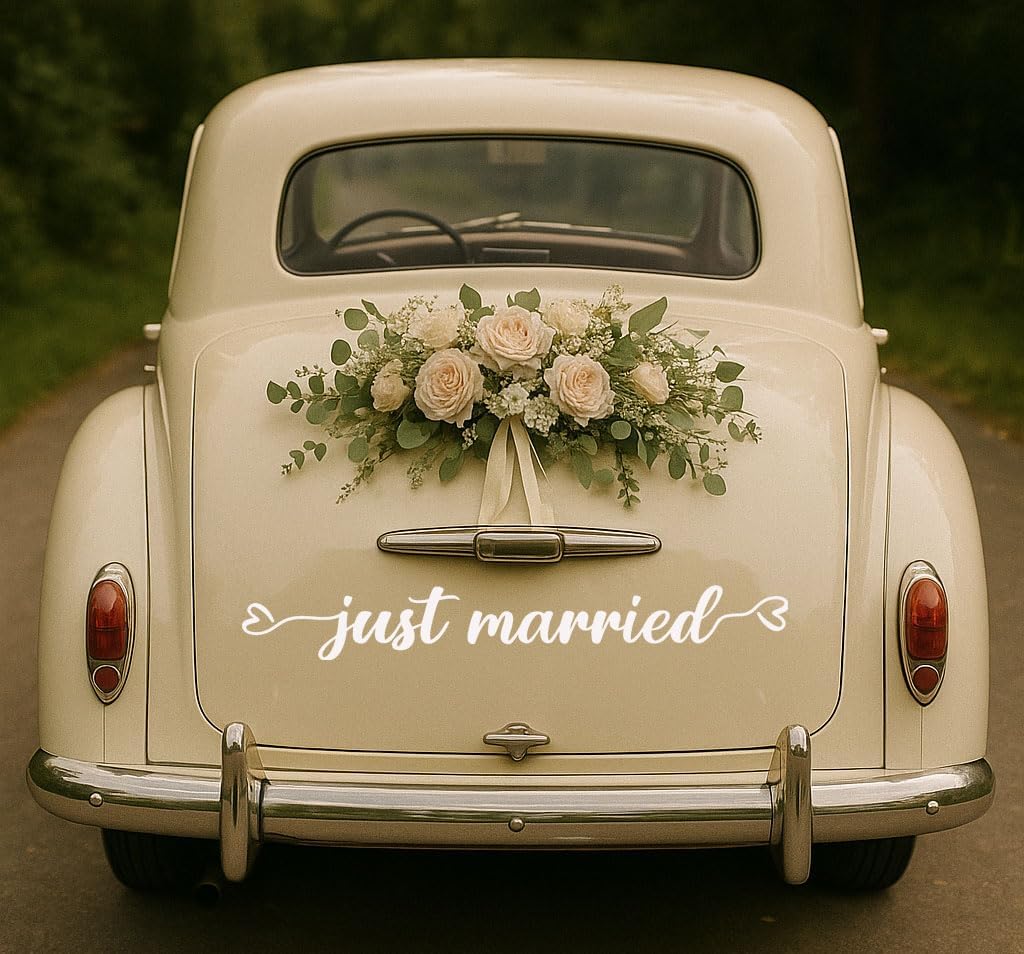 Just Married Vinyl Decal – White Wedding Car Sticker, 28 x 3.8 inch, Just Married Car Window Decal