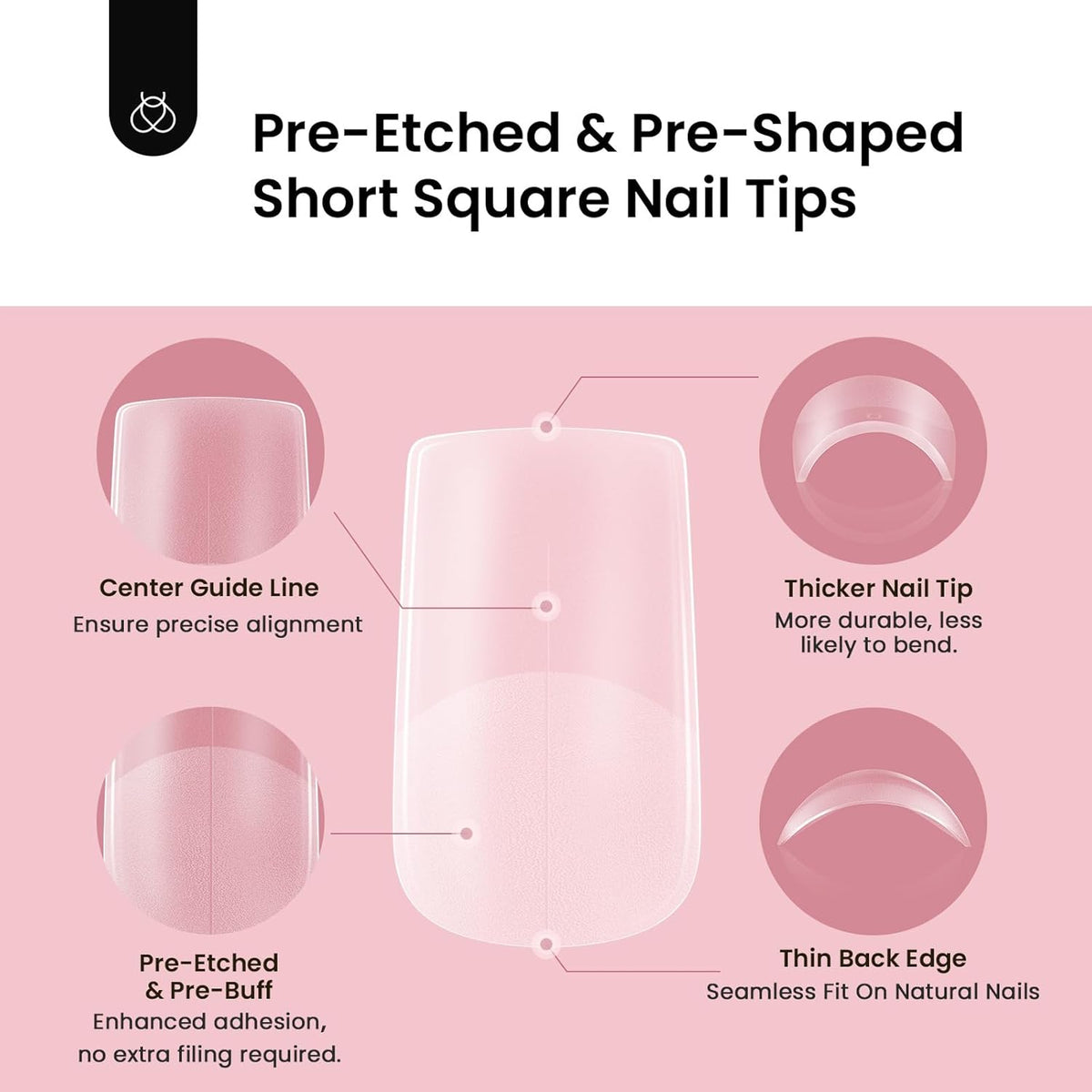 Beetles Short Square Nail Tips, 12 Sizes 288pcs French Full Matte Soft Pre-shaped Etch X Nail Tips