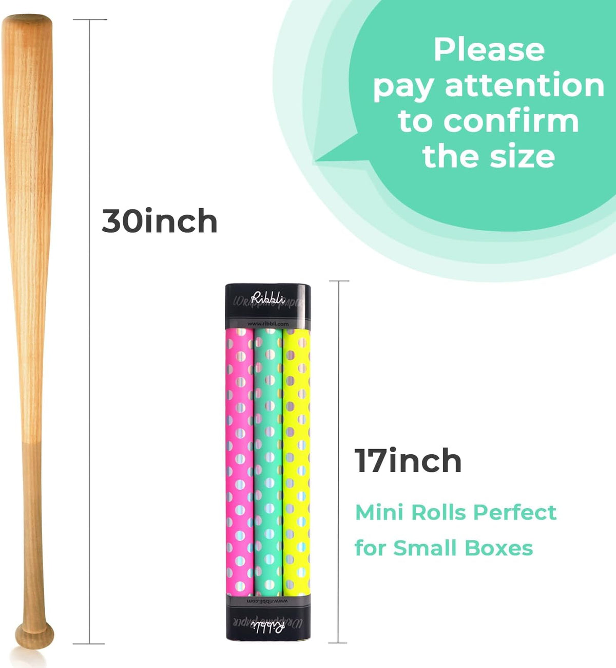 Ribbli Birthday Polka Dots Wrapping Paper Mini Roll, 3 Rolls Fluorescent Pink Aqua Yellow with
