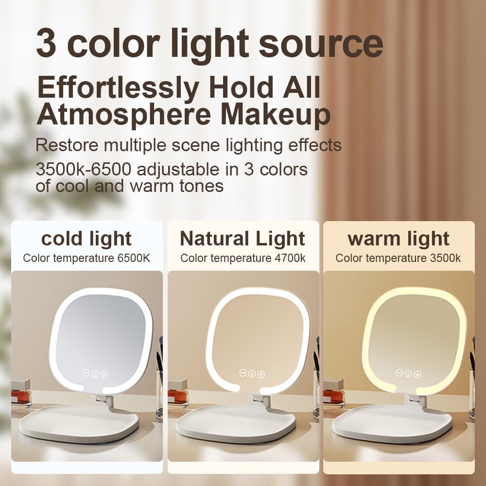 Rechargeable LED Travel Makeup Mirror, 3-Color Lighting, Dimmable Touch Screen, Multi Angle
