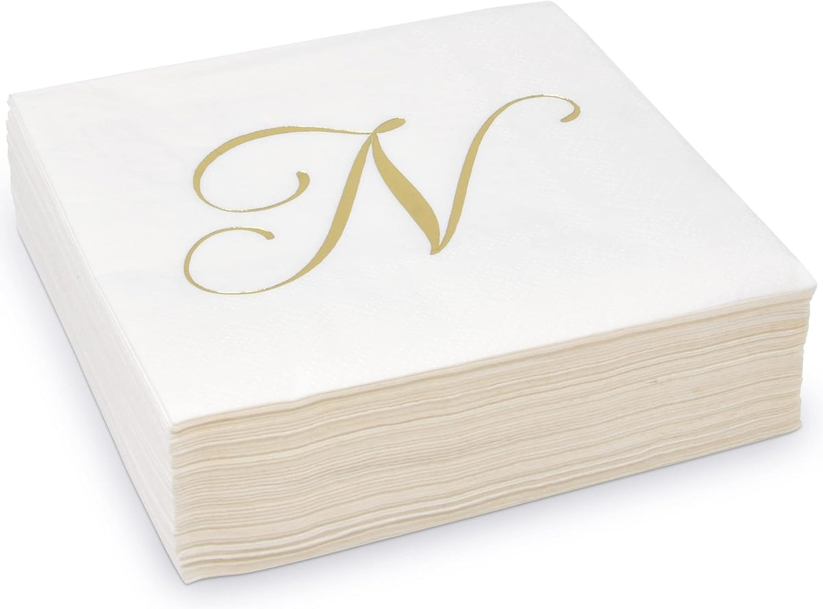 Gift Boutique 100 Gold Monogram Cocktail Napkins Letter N Disposable Paper Pack Elegant Metallic