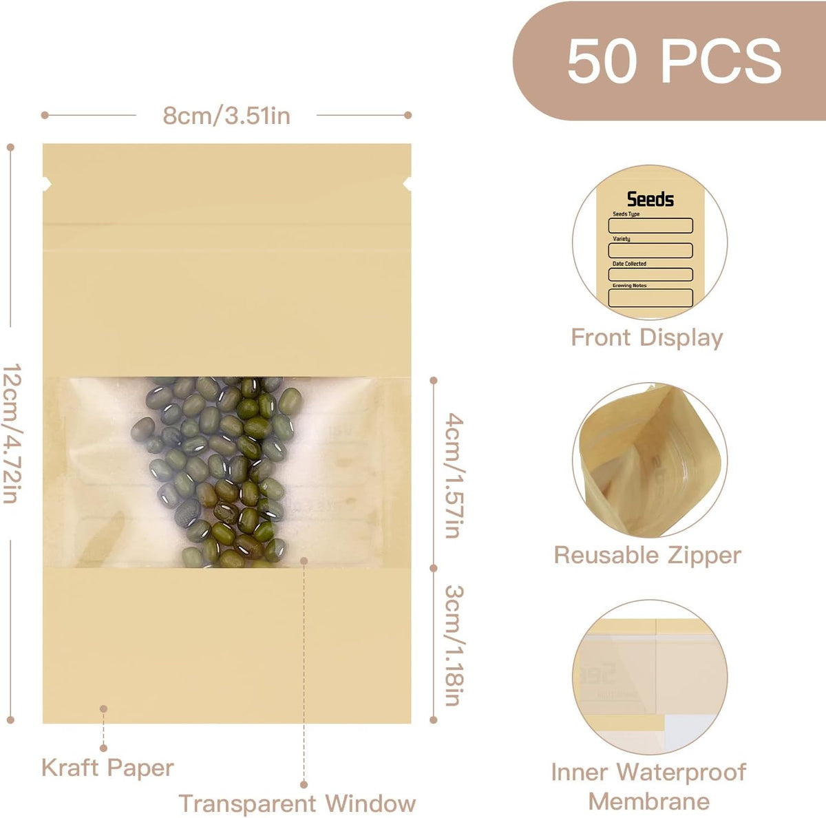 Seed Organizer Binder with 50 PCS Resealable Seed Envelopes - 50 Storage Pockets, 3.5x5 Inch Clear
