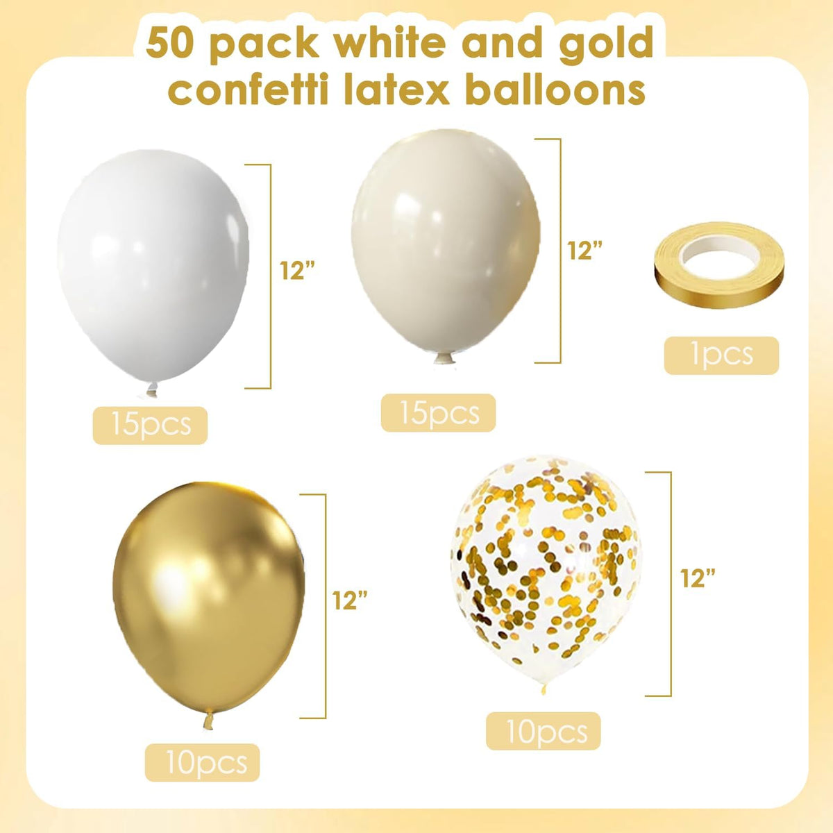 White and Gold Confetti Balloons, 50pcs 12 Inch Metallic Champagne Gold Latex Balloons Matte Sand