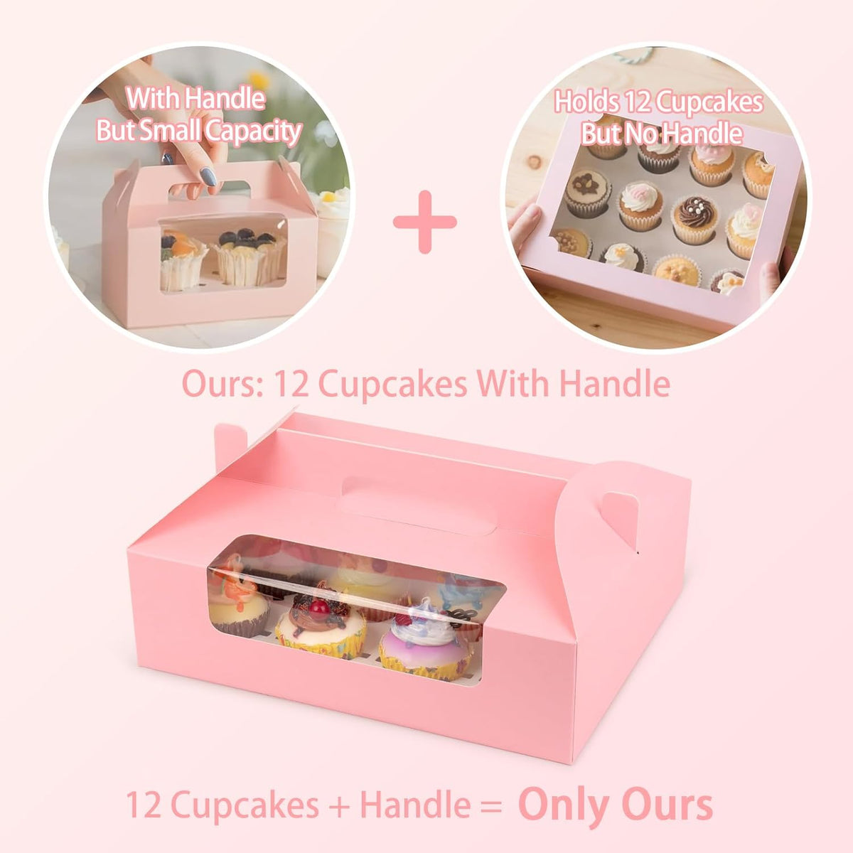 30 Pcs Cupcake Boxes, 12 Count Muffin Boxes with Handle, Window, and Inserts, Pink Cupcake Holders