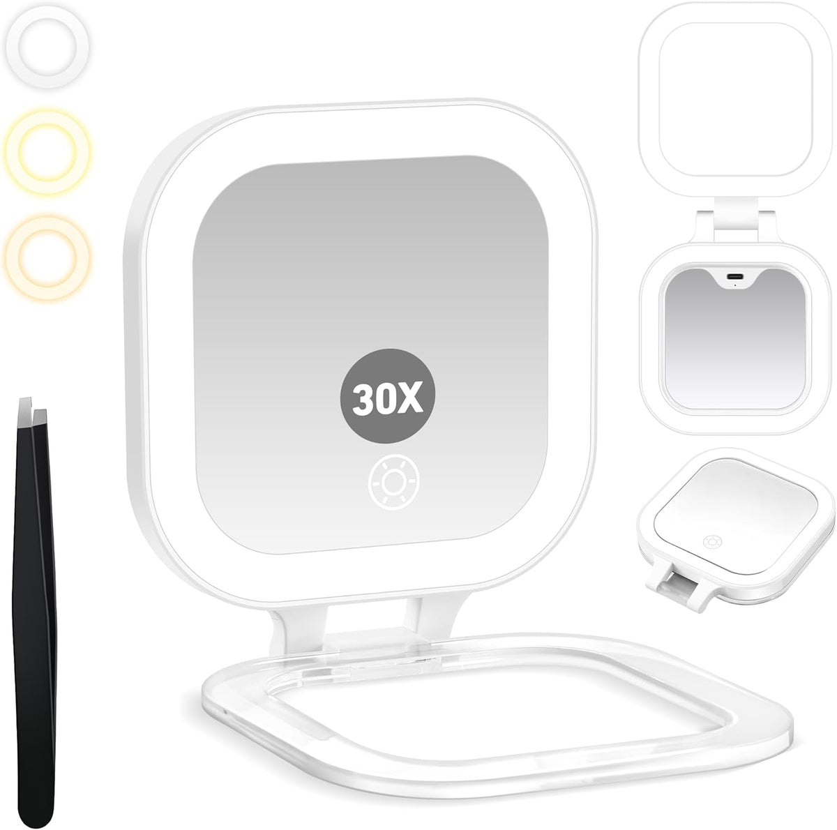 Travel Mirror with Light, 1x/30x Magnifying Mirror with 3 Color Lights and Adjustable Brightness