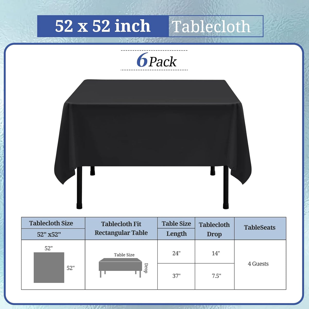 6 Pack Black Square Tablecloths - 52 x 52 Inch, Polyester Table Cover for Square Table, Stain and