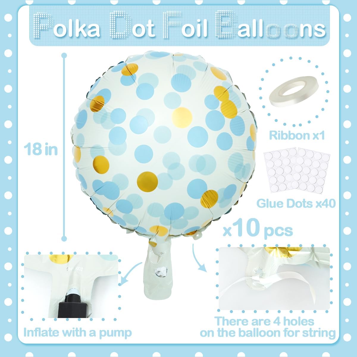 10 Pcs Blue Polka Dot Foil Balloons, 18" Foil Round Balloons with Blue Gold Dots, Helium-Friendly
