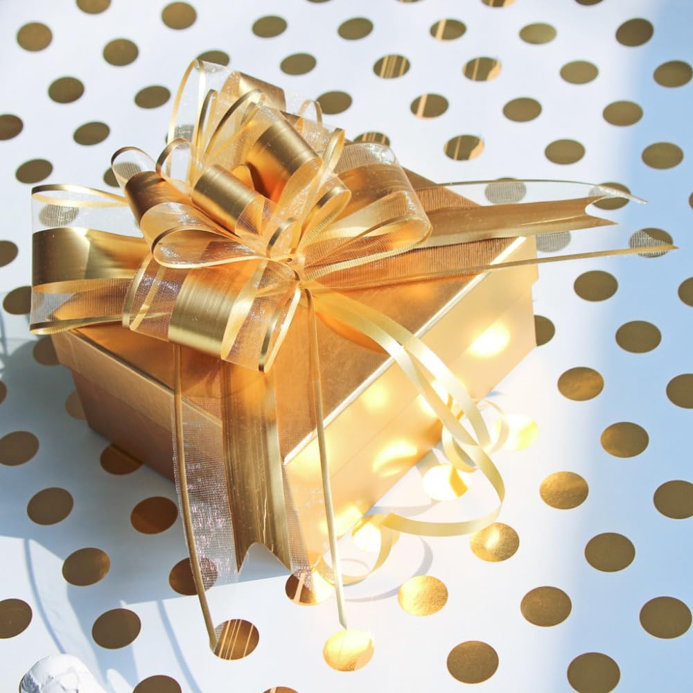 Gold Bows for Gifts, Large Pull Bow for Gift Wrapping, Christmas, New Year, Birthday, Weddings