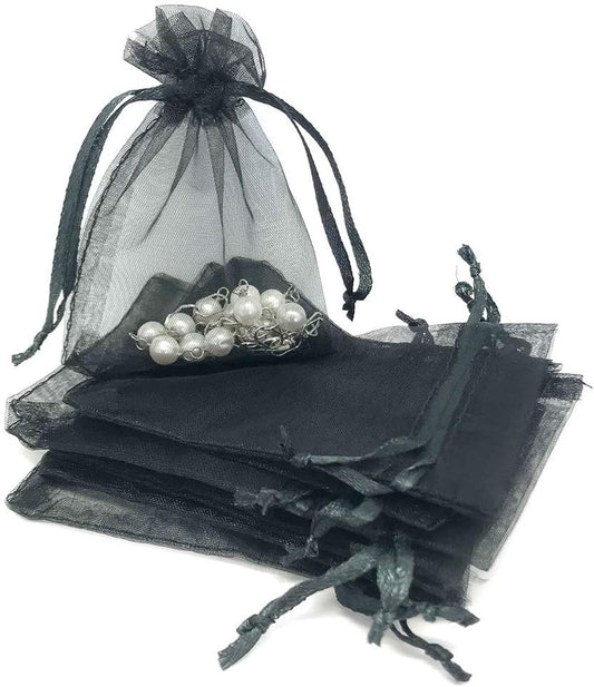 TheDisplayGuys 100-Pack 6x8 Black Sheer Organza Gift Bags with Drawstring, Jewelry Candy Treat