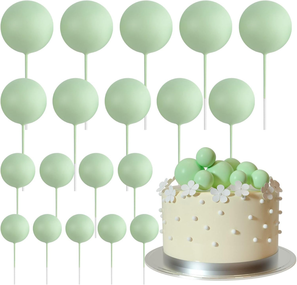 ASTARON 20 Pcs Ball Cake Topper Decorations Mini Balloons Cake Topper Sticks Light Green Balls Cake