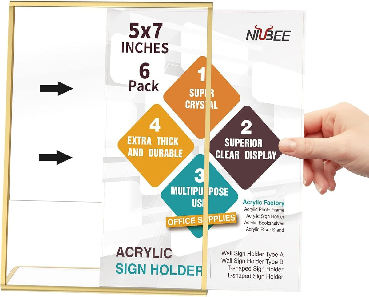 NIUBEE 6 Pack 5 x 7 Acrylic Gold Frame, Slanted Back Table Sign Holder for Wedding Table Numbers