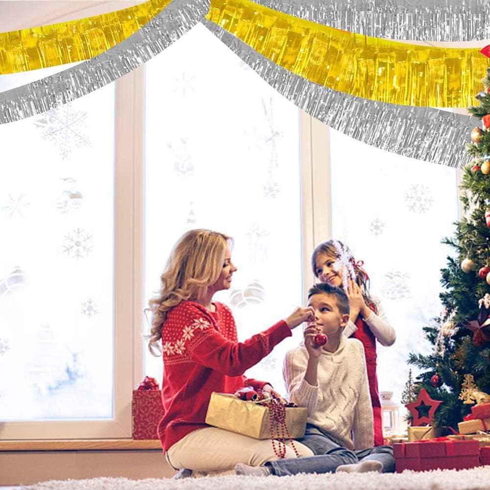 BEISHIDA 3 Packs 30 Feet Metallic Foil Fringe Garland Tinsel Streamers，Shiny Gold Wall Hanging