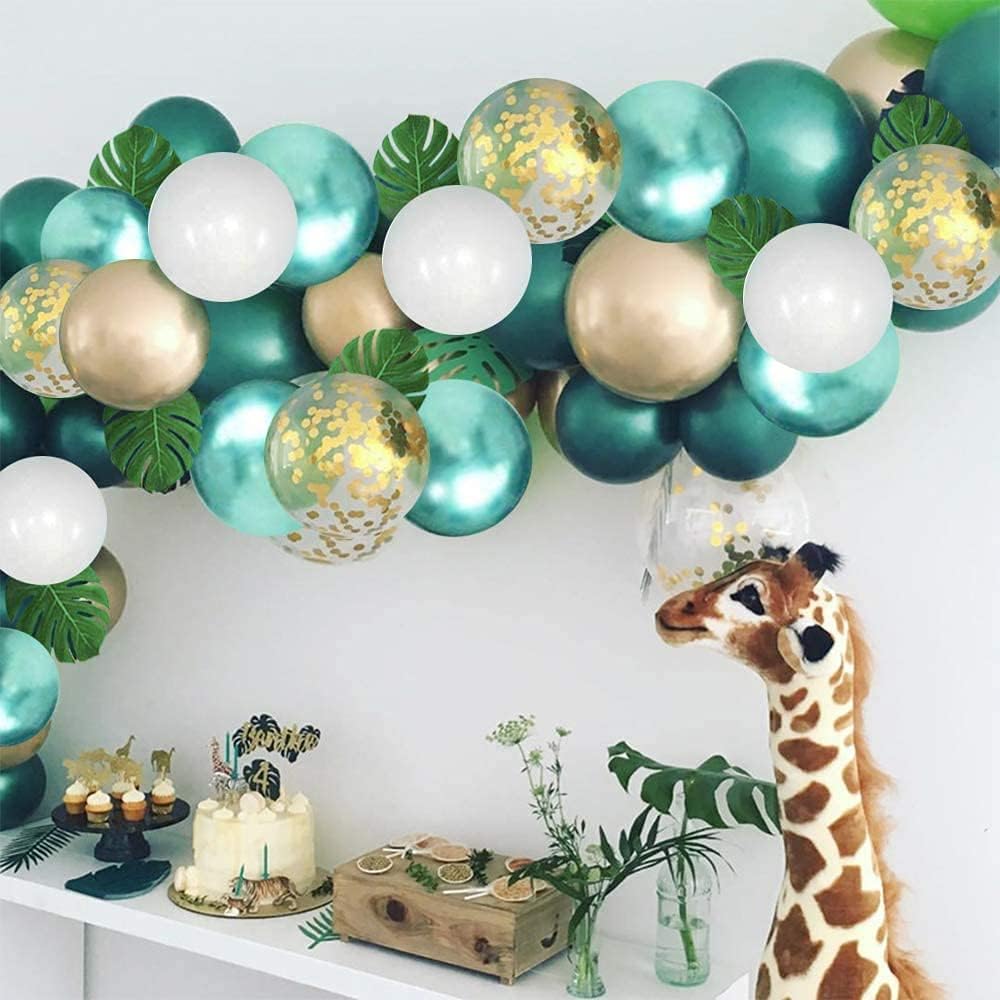 Metallic Green Gold Balloons, 60 Packs 12 Inch Dark Green White Gold Latex Balloons with Ribbons