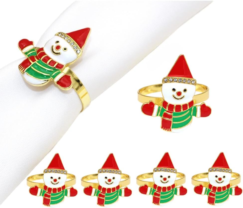 Snowman Napkin Rings Set of 6, Christmas Party Napkin Holder Buckles, Thanksgiving Xmas Napkin