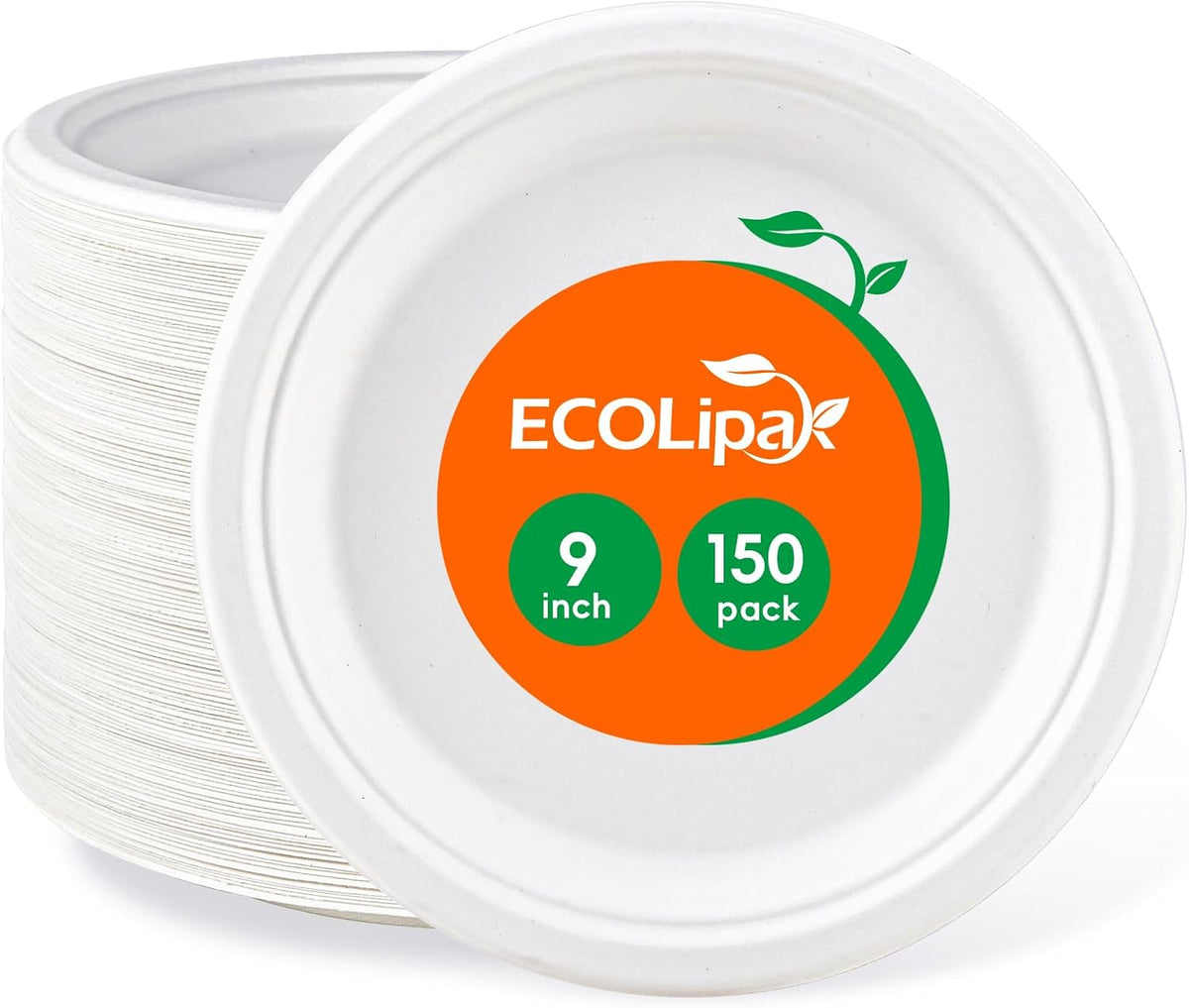 ECOLipak 9 inch 150 Pack Compostable Paper Plates, Heavy Duty Disposable Biodegradable Eco-friendly