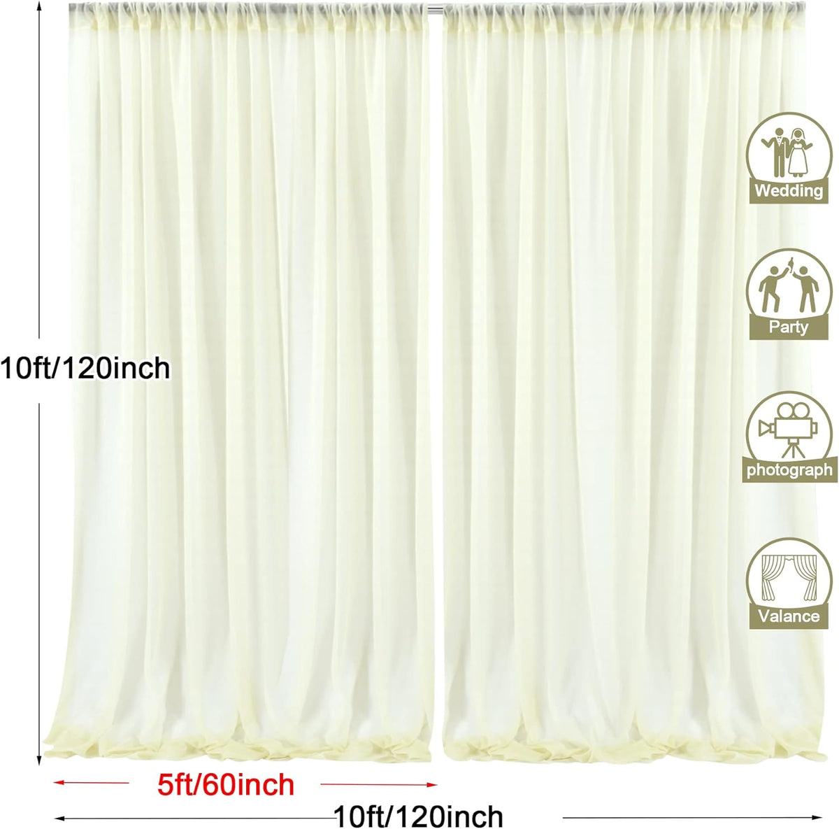 PARTISKY 10ftx10ft Ivory Chiffon Sheer Backdrop Curtains, Wrinkle-Free Wedding Backdrop Drapes for