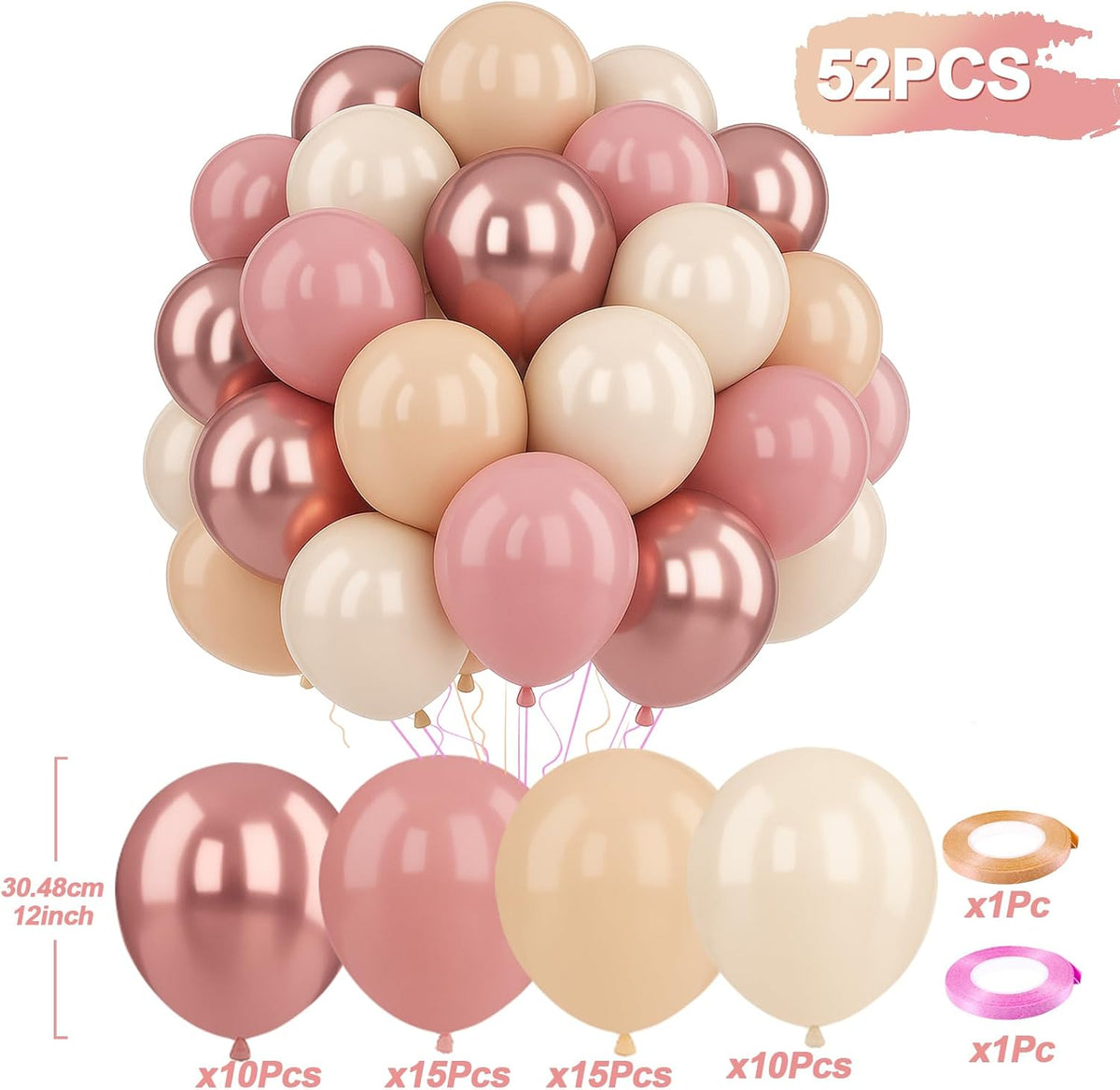 Patimate Retro Blush Pink Balloons Set, 50 pcs 12 inch Metallic Rose Gold Dusty Pink Pastel Orange