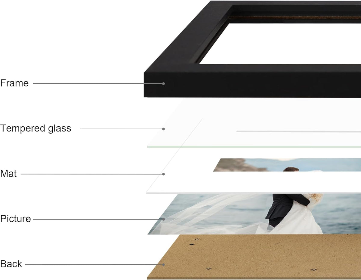 11x14 Picture Frame Set of 4 with Tempered Glass, Black Frame Display 8x10 Picture with Mat or 11 x