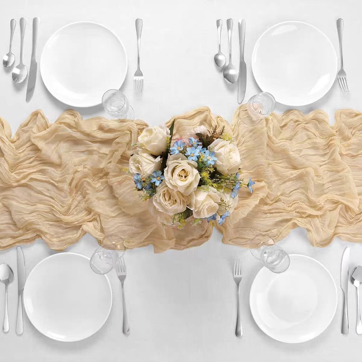 6 Pack Beige Cheesecloth Table Runner 21x120 Inch Boho Wrinkled Sheer Romantic Gauze Decor for