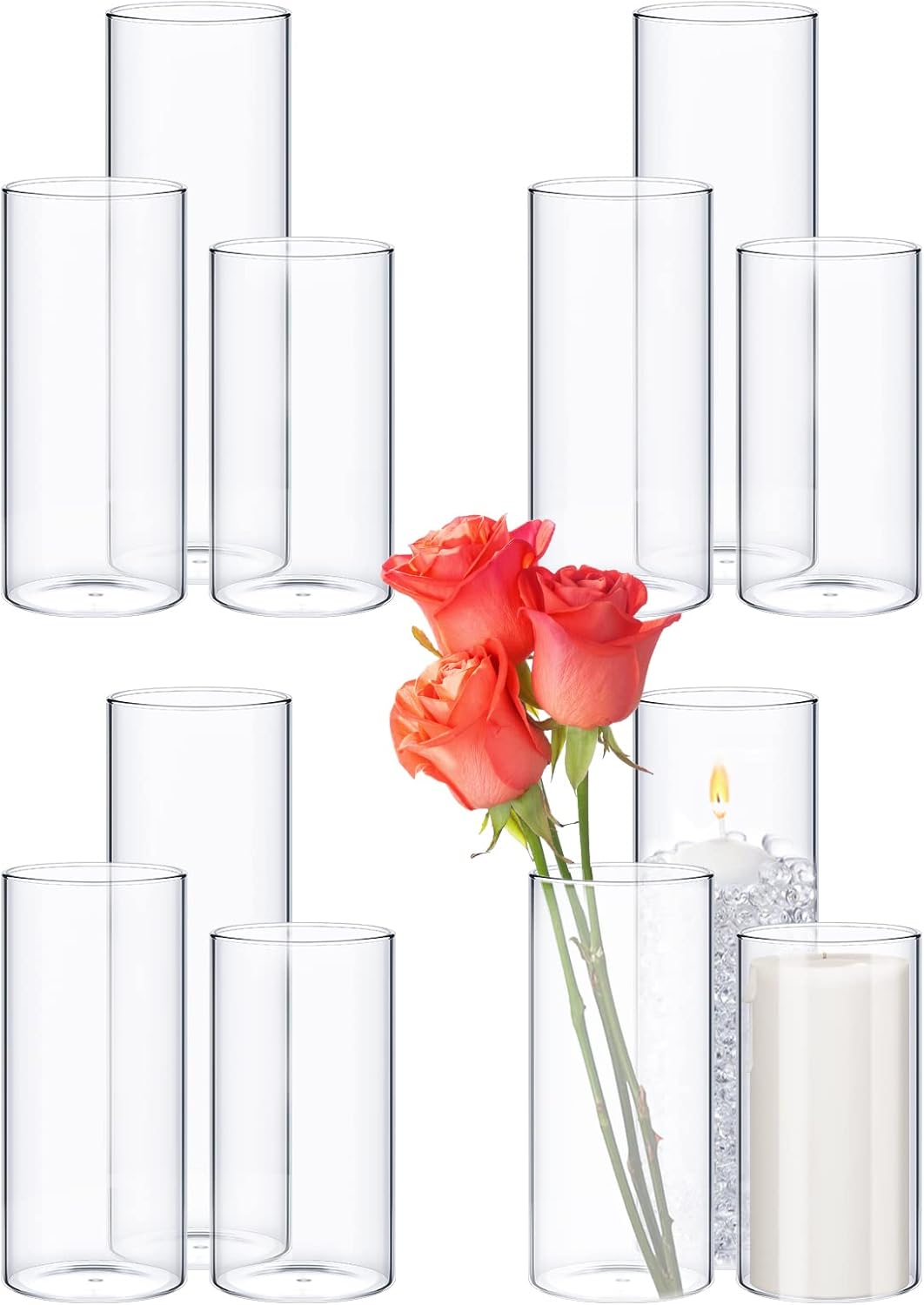 12 Pcs Thin Glass Cylinder Vases 2.5''/3.3'' Diameter 2mm Wall Thickness Clear Flowers Vase