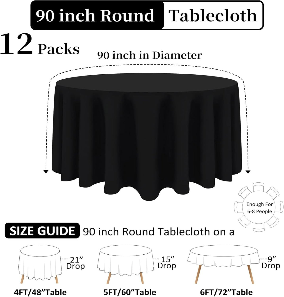 12 Pack Black Round Tablecloth 90 Inch Black Table Cloth Stain and Wrinkle Resistant Reusable and