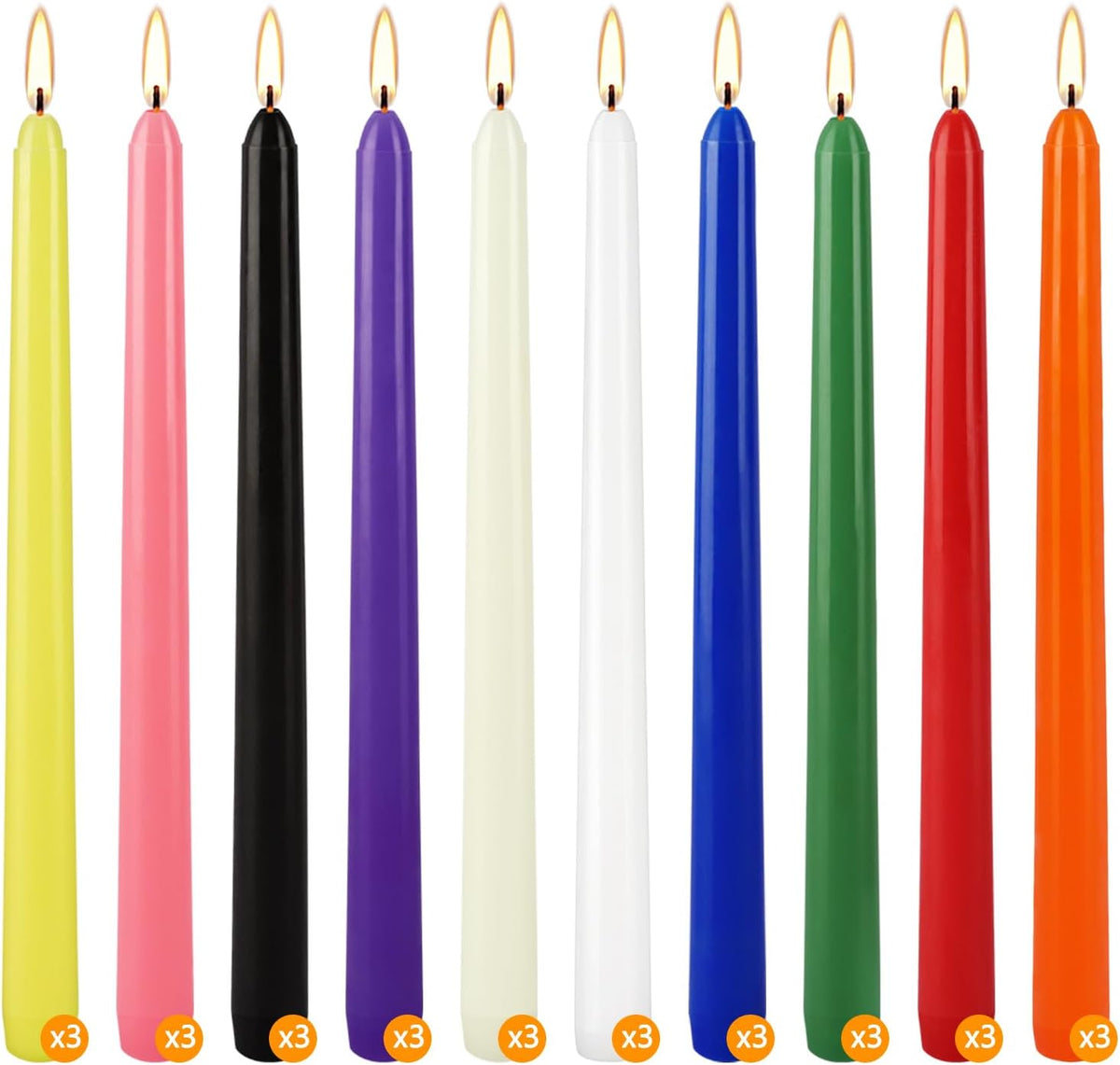 30-Pack 10-Color Taper Candles - 10 Inch Dripless & 10-Hour Burn｜Wedding/Birthday/Home Decor with