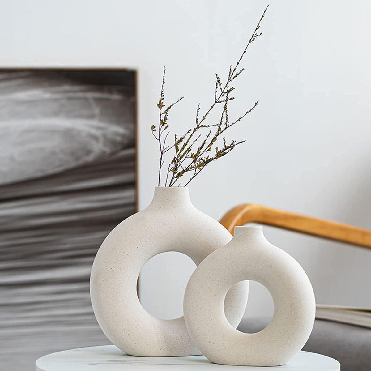 White Ceramic Vases- 2 for Modern Home Decor, Round Matte Boho Vase for Decor, Ceramic Minimalist