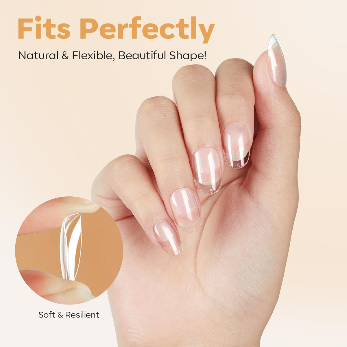 modelones Short Oval Nail Tips, Pre-shaped Soft Gel Tips Fake Nails False Acrylic Clear Full Cover