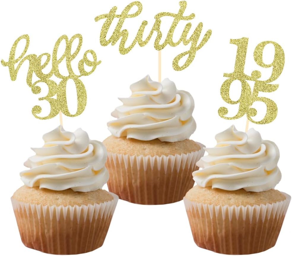 24 Pcs Gold Glitter 30th Birthday Cupcake Toppers for 30th Anniversary Birthday Party Wedding Party